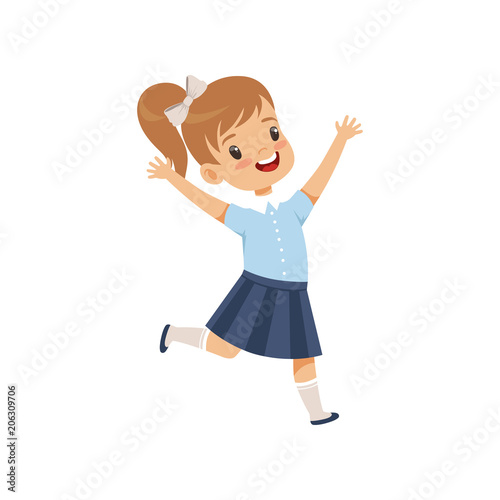 Cute happy schoolgirl in uniform running with rising hands vector Illustration on a white background