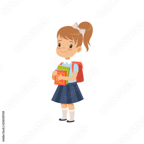 Cute girl with backpack holding books, pupil in school uniform studying at school vector Illustration on a white background