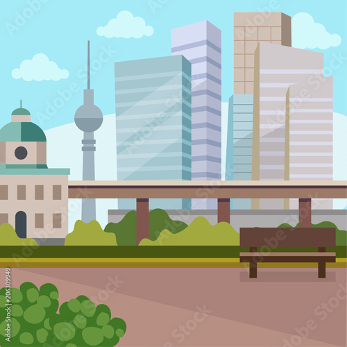 City background, a city view with high buildings. Vector illustration in flat style