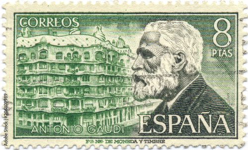 Antoni Gaudi. Spanish postage stamp from 1960 photo