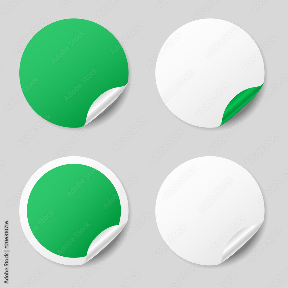 Blank green round stickers with curled corners, realistic mockup Blank green round stickers with curled corners, realistic mockup
