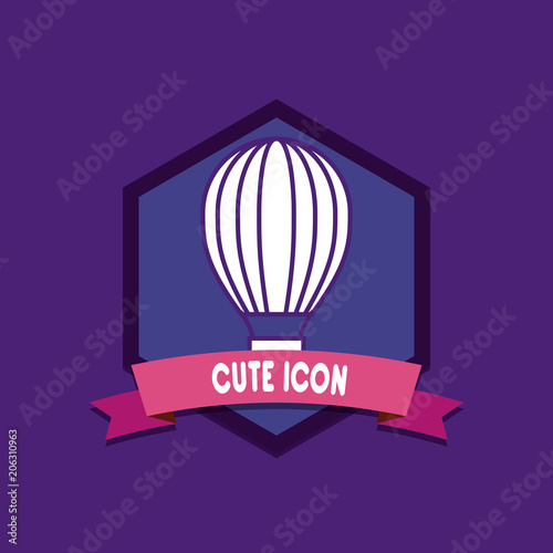emblem with hot air balloon icon over purple background, colorful design. vector illustration