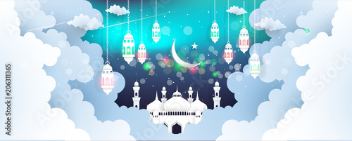 vector illustration ramadan with mosque and clouds.  paper art style. there is a beautiful sky.
