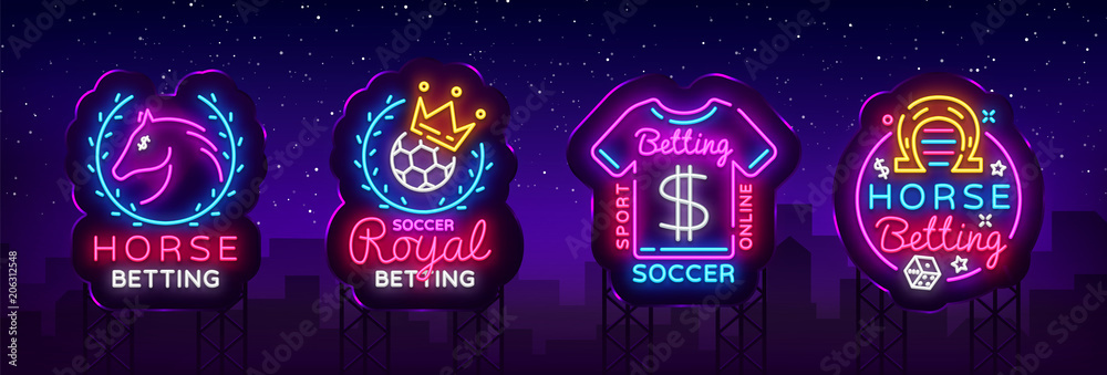 Betting Collection Logos in Neon Style. Set Neon signs Betting Sports, Horse, Soccer. Design Element. Betting Online, symbol, icon, emblem. Light banner, bright night advertising. Vector. Billboard