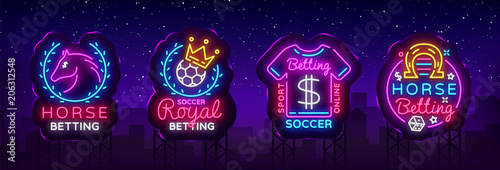 Betting Collection Logos in Neon Style. Set Neon signs Betting Sports, Horse, Soccer. Design Element. Betting Online, symbol, icon, emblem. Light banner, bright night advertising. Vector. Billboard