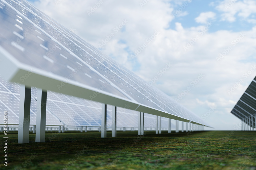 Fototapeta premium 3D rendering solar power generation technology. Alternative energy. Solar battery panel modules with blue sky