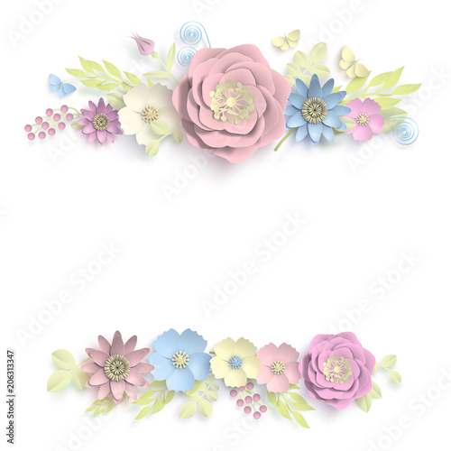 Fototapeta Naklejka Na Ścianę i Meble -  Paper art, summer flowers on a white background with leaves cut of paper. Vector stock illustration