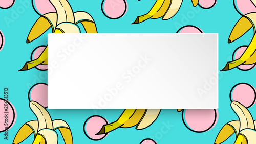 Banana background with pop art dots in 80s, 90s style. Summer tropical banner with 3d paper plate. Fruit label with banana background for season sale, special offer, flyer and ad. Vibrant template.