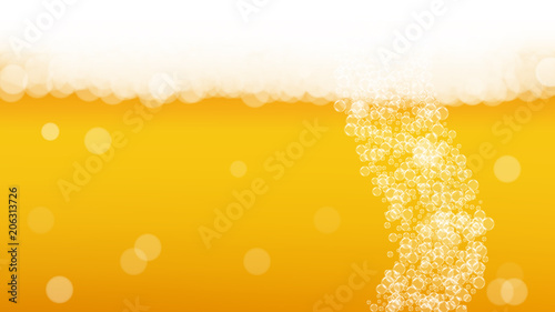 Beer background with realistic bubbles.  Cool liquid drink for pub and bar menu design, banners and flyers.  Yellow horizontal beer background with white foam. Cold pint of golden lager or ale.
