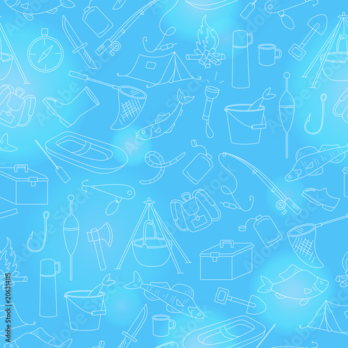 Seamless pattern on the theme of fishing, a simple hand-drawn contour icons on blue background