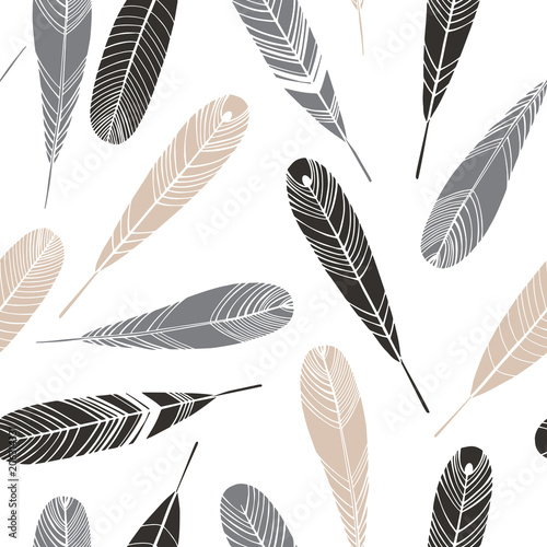 Vector seamless pattern with feathers on a white background.