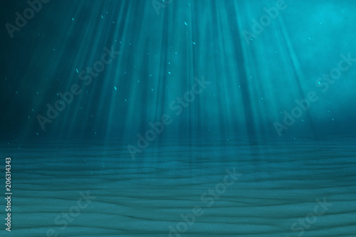 Underwater blue background in sea, ocean, with volume light. 3d rendering