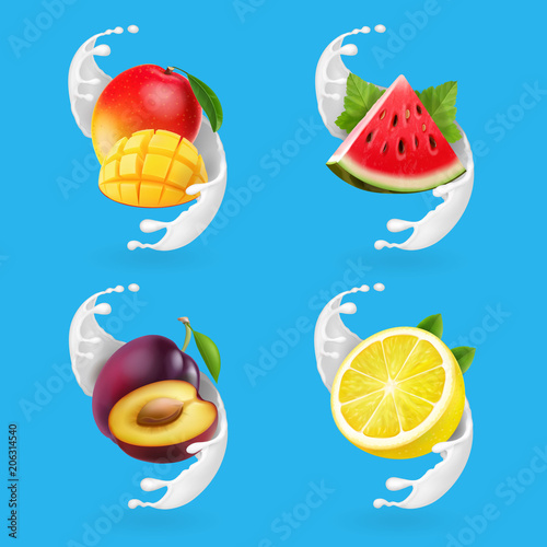 Fototapeta Naklejka Na Ścianę i Meble -  Fruit yogurt set. Mango, lemon, watermelon, plum and milk splash Realistic vector icon