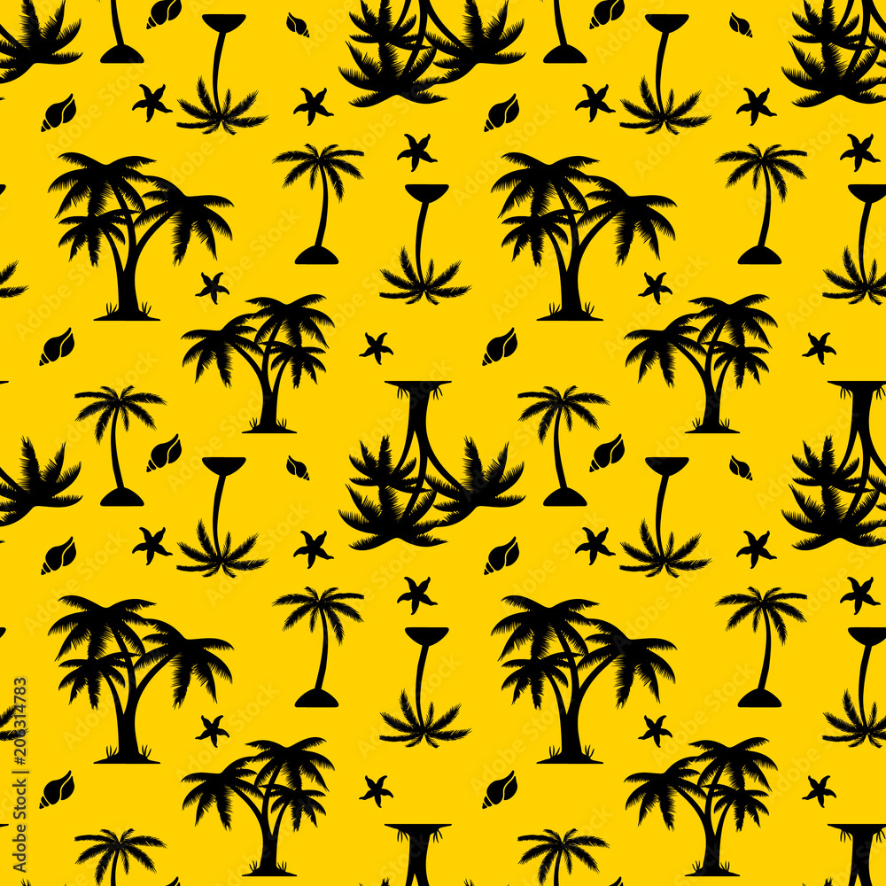 Seamless pattern, black silhouette, palm tree and seashells on yellow background,