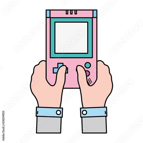 color man hands with tetris handhelp videogame