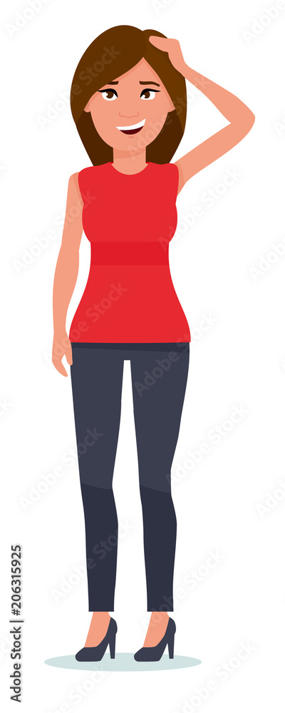 Woman thinks out loud. Human facial expression, body language, reaction, life perception. Vector flat cartoon design illustration isolated on white background. Woman thinks out loud. Human facial expression, body language, reaction, life perception. Vector flat cartoon design illustration isolated on white background.