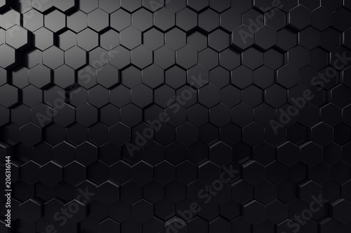 Abstract geometric surface. Hexagonal black background. 3D Rendering © rost9