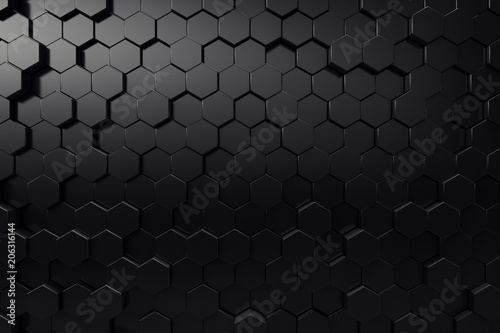 Abstract geometric surface. Hexagonal black background. 3D Rendering