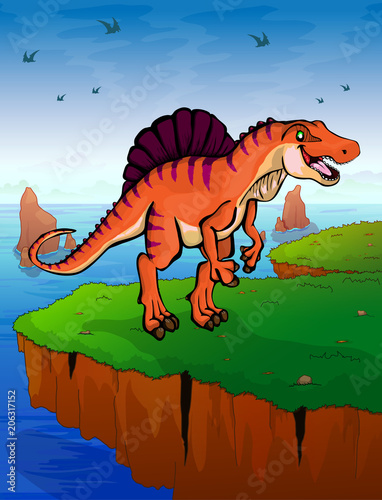 Spinosauruson the background of the sea. Vector illustration.