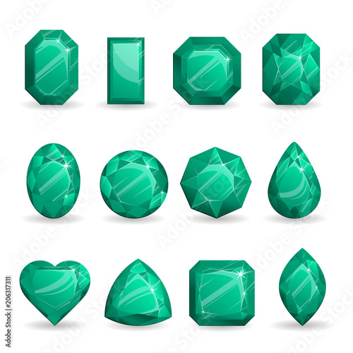 Set of realistic dark green jewels. Colorful gemstones. Green jade isolated on white background.