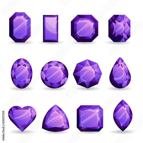 Set of realistic violet gemstones. Tanzanite of different forms isolated on white background.