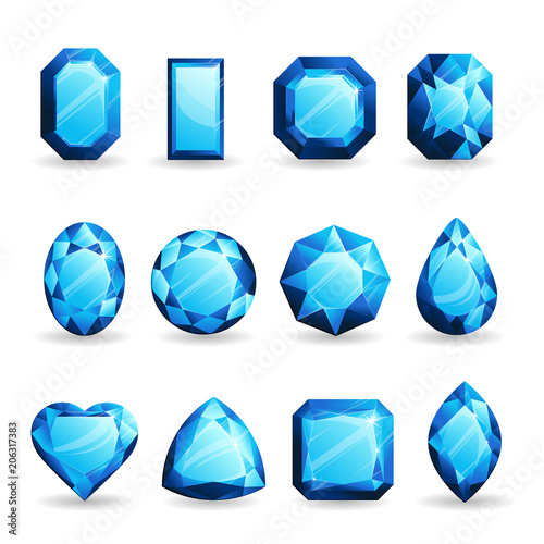 Set of realistic light blue gemstones. Topaz of different forms isolated on white background.