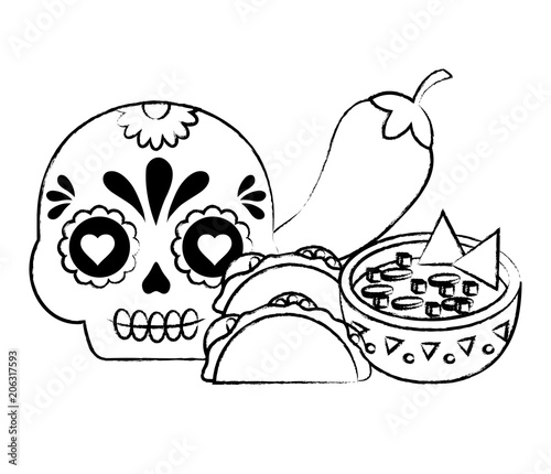 sugar skull with mexican food related icons over white background, vector illustration