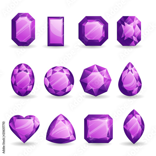 Set of realistic purple gemstones. Amethyst of different forms isolated on white background.