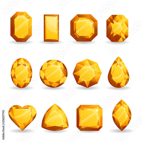 Set of realistic orange gemstones. Citrine stone of different forms isolated on white background.