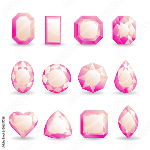 Set of realistic pink gemstones. Pink tourmaline stone of different forms isolated on white background.