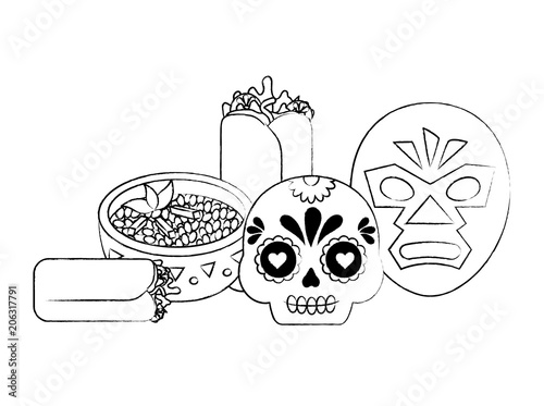 wrestler mask and sugar skull with mexican food over white background, vector illustration