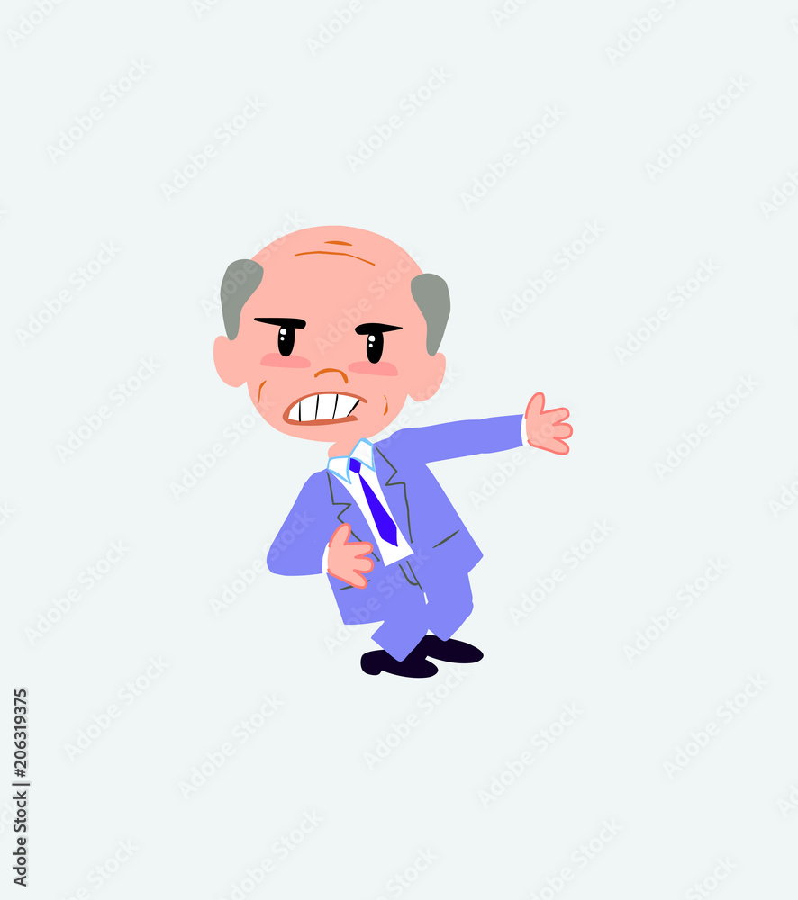 Old businessman shows very angry something to his left.