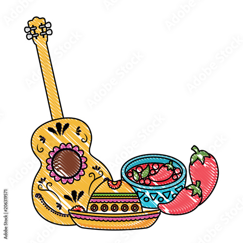 guitar and mexican food and culture related icons over white background, colorful design. vector illustration