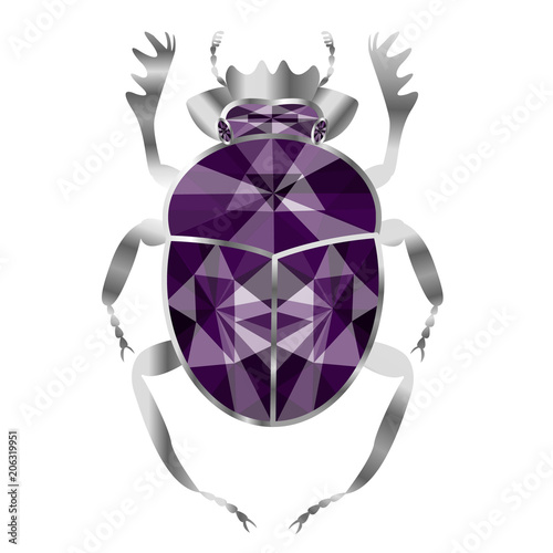 beetle of scarab from silver and amethysts, jewelry on white background