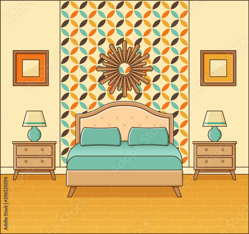 Bedroom interior. Hotel room with bed. Vector. Home retro space in flat design. Cartoon house equipment. Linear modern illustration. Vintage animated apartment. Outline background 1960s 1970s.