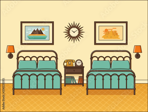 Bedroom interior. Hotel room with two beds. Vector. Home retro space in flat design. Cartoon house equipment. Linear modern illustration. Vintage animated apartment. Outline background 1960s 1970s.