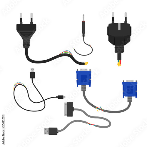 Vector illustration of damaged broken electric cables collection isolated on white background. Cable cut, vga and usb in flat cartoon style.