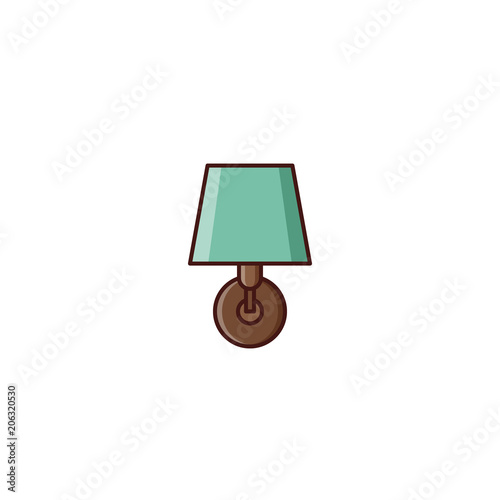 Wall lamp. Sconce icon isolated. Vector. Electric staff on white background. Linear retro illustration in line art flat design. Lighting house equipment in mint color and wooden elements.