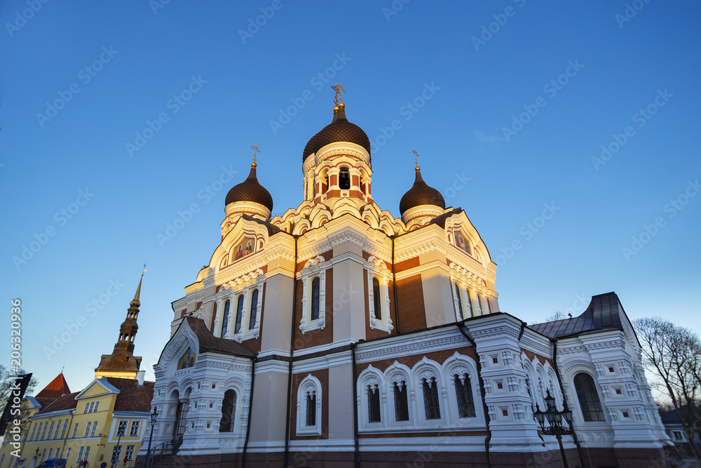 Perspective view at Alexander Nevsky Cathedral in Tallinn, Estonia. Orthodox church in Tallinn Old Town