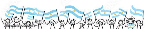 Cheering crowd of happy stick figures with Argentinian national flags, smiling Argentina supporters, sports fans isolated on white background