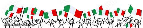 Cheering crowd of happy stick figures with Italian national flags, smiling Italy supporters, sports fans isolated on white background