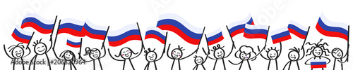 Cheering crowd of happy stick figures with Russian national flags, smiling Russia supporters, sports fans isolated on white background