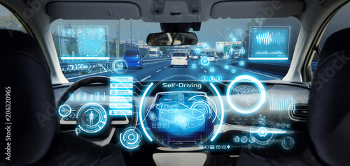 Cockpit of futuristic autonomous car. © metamorworks
