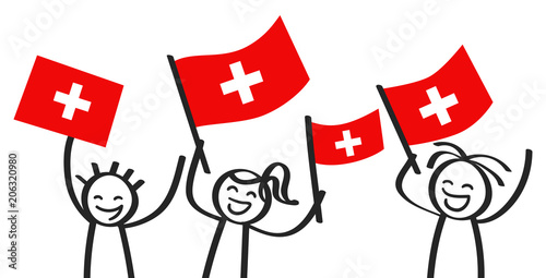 Cheering group of happy stick figures with Swiss national flags, smiling Switzerland supporters, sports fans isolated on white background