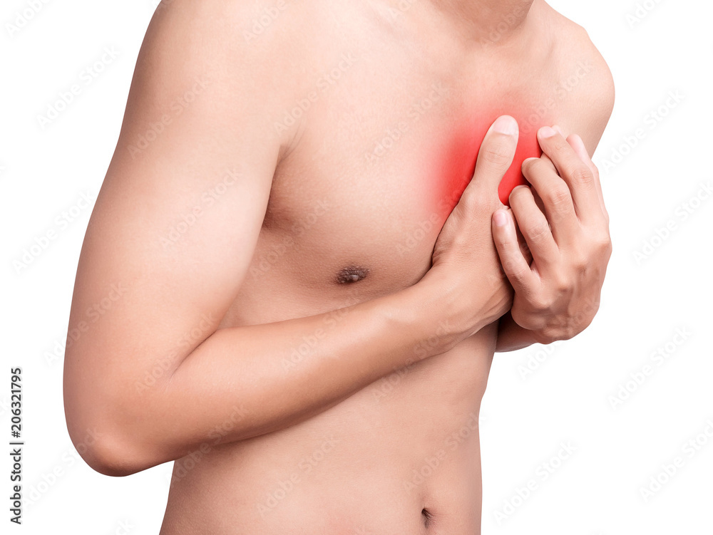 man having chest pain, heart attack. red color highlight at breast isolated on white background. healthcare and medical concept man having chest pain, heart attack. red color highlight at breast isolated on white background. healthcare and medical concept