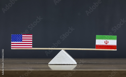 United States of America and Iran Flag Seesaw or Scale in Balance