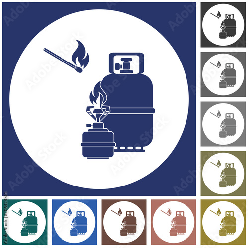 Camping stove with gas bottle icon vector