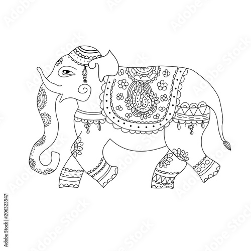 Vector illustration of elephant in ethnic style. Indian  decorated ornate .