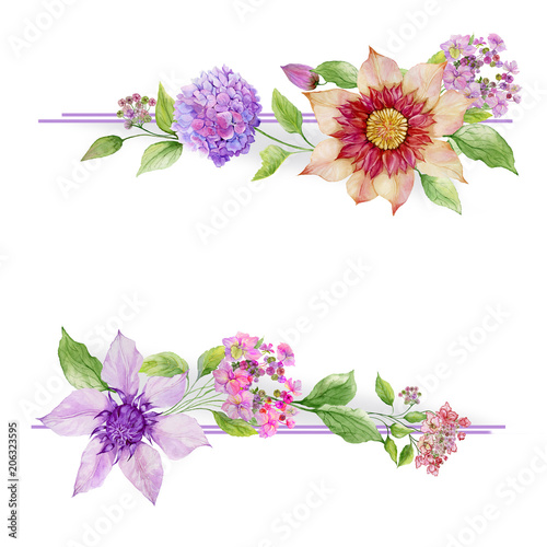Beautiful floral border. Soft hydrangea and clematis flowers with green leave...