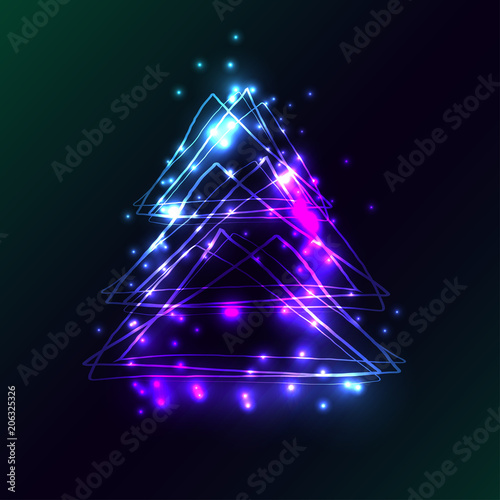 Beautiful holiday card with techno style christmas tree. Christmas tree made from triangles, flashes and lights. An excellent illustration for the holiday cards, party invitations, disco banners